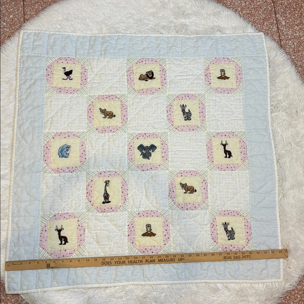 Handmade Patchwork Baby Quilt Embroidered Animal Cotton Flannel 35” x 35”